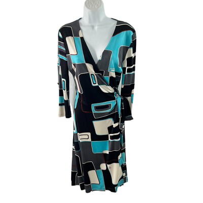 Vintage 1980's Flora Kung Wrap Dress 100% Silk Size 10 Black Blue Abstract 