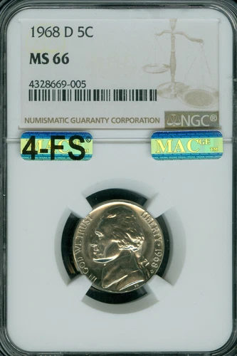 1968 D JEFFERSON NICKEL NGC MS66 MAC 4FS EXTREMELY RARE 2ND FINEST $20,000 5FS