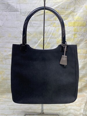 PRADA Shoulder Bag Tote Bag Black Suede Leather Plastic Handle Satchel Bag EUC
