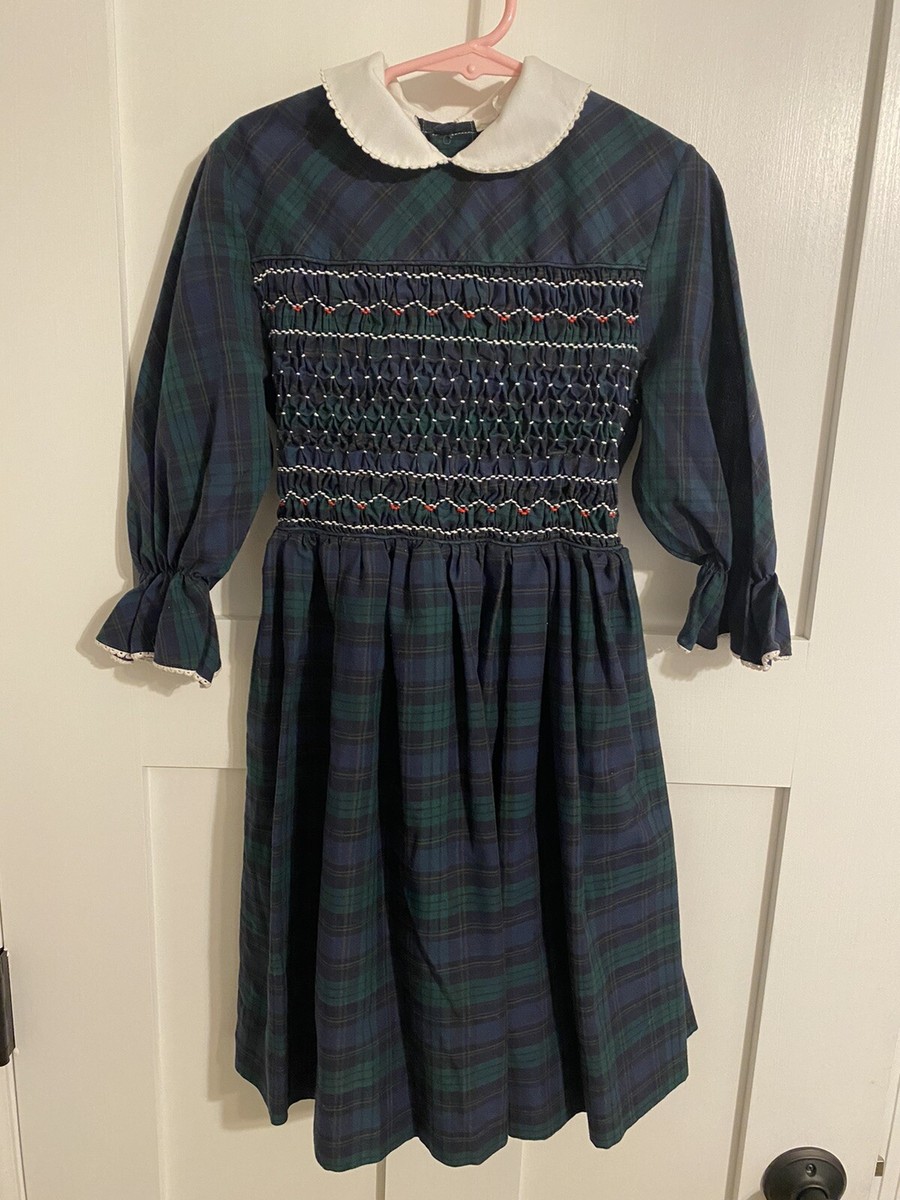 Vintage Polly Flinders Girls Size Hand Smocked Dress Navy Green Plaid Bow  Back
