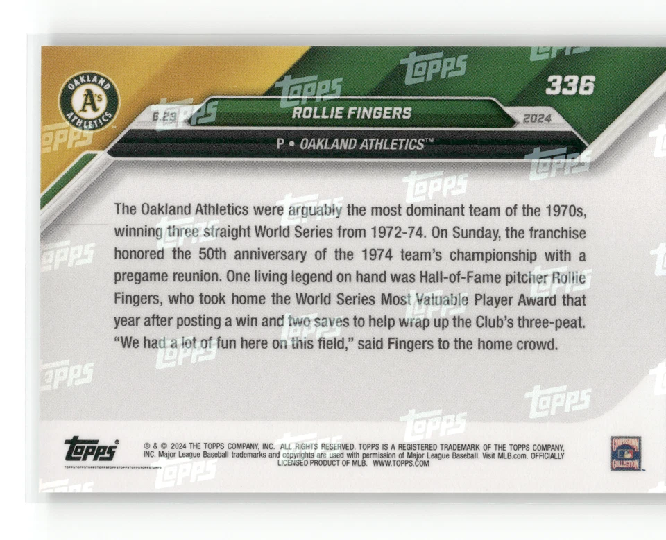 ROLLIE FINGERS World Series Champion Reunion 2024 Topps Now #336, PR: 754 A's 🔥 - Image 2 of 4