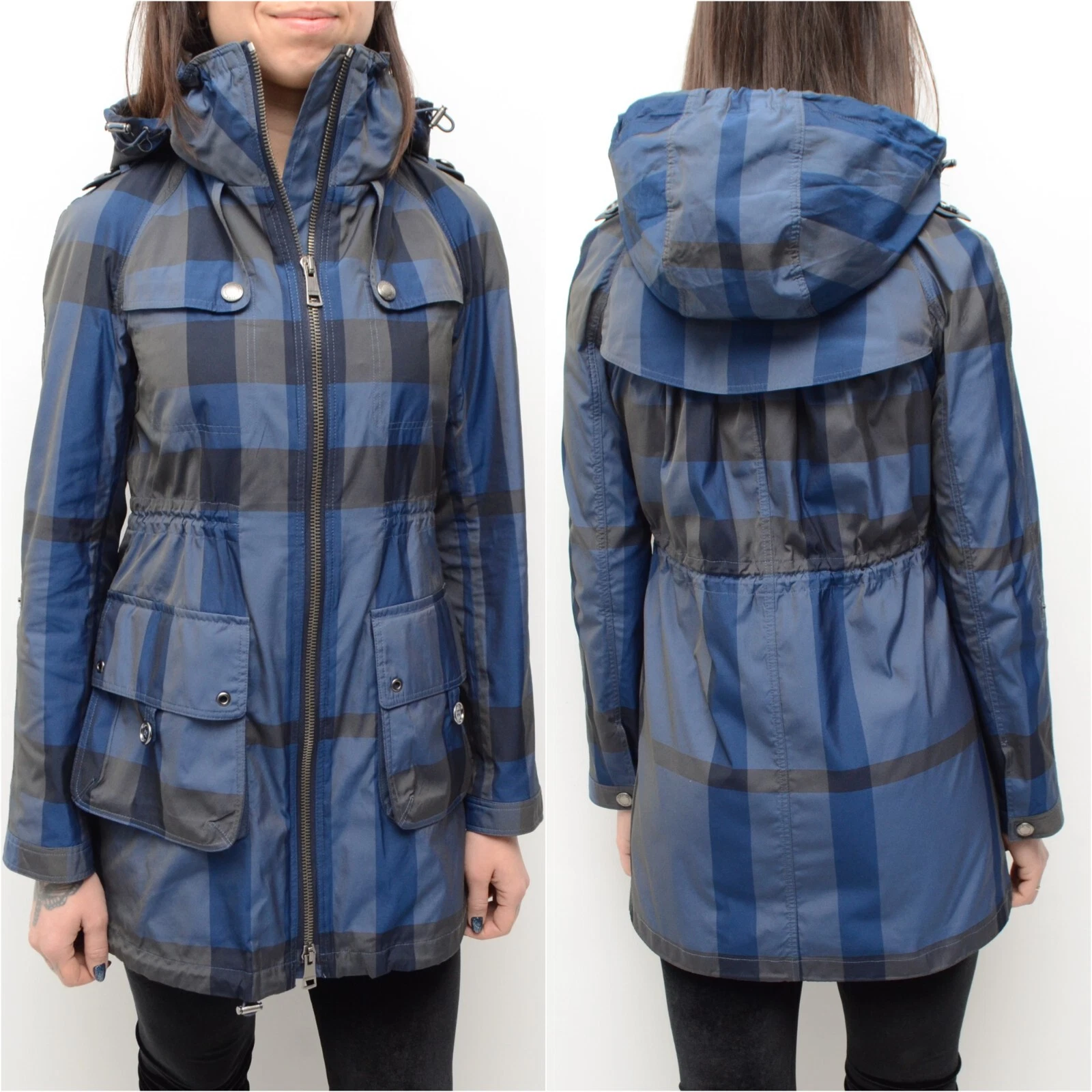 Cappotto parka blu Burberry Brit giacca a scacchi frangivento taglia US 2 UK 4 IT 36 ~ XS