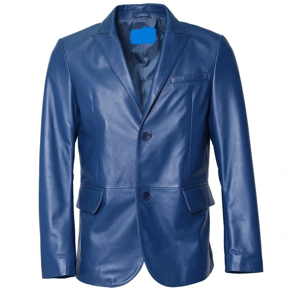 Mens Genuine Lambskin Blue leather Blazer jacket Casual slim fit Blazer Coat XL