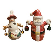 VTG CERAMIC SNOWMAN  SANTA CANDLE HOLDER CHRISTMAS HOLIDAY STARS MOON