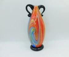 Murano Style Art Glass Vase Swirl Rainbow Red Black Handles Hand Blown