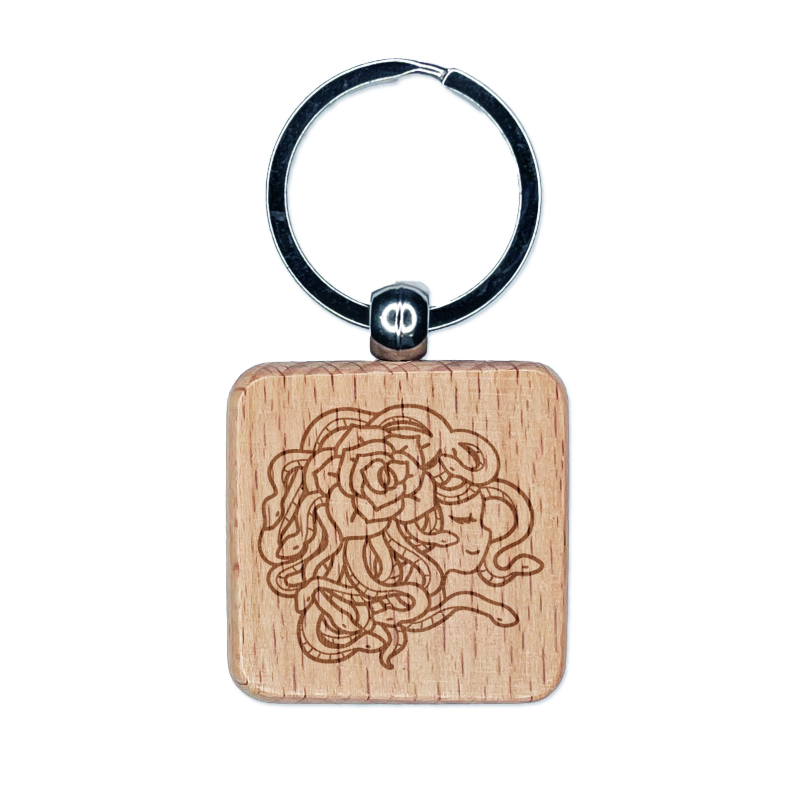 Resting Medusa with Rose Engraved Wood Square Keychain Tag Charm