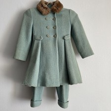 50's 60's Girls Blue/green Wool 2-Piece Dressy Snowsuit Set Coat Pants