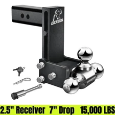 Tow & Stow Adjustable Trailer Hitch Ball Mount 2.5" Receiver 7" Drop Tri-Ball