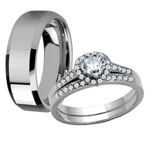 Stainless Steel Heart Cut CZ Engagement Wedding Ring Band Set Anniversary Gifts