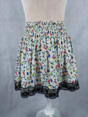 Rock Forever 21 Gr. S 36 bunt mehrfarbig Vögel Spitze kurz Minirock Party skirt