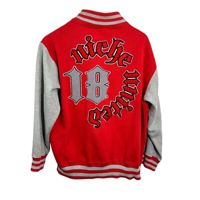 18 NICHE UNLIMITED Vintage Red Black Gray Full Zip Varsity Jacket Size Medium