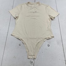 Short Sleeve Bodysuit Womens XL Beige Crew Neck Stretch Energetic Slogan Top