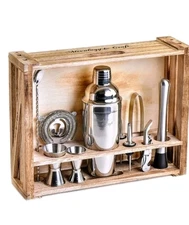 Mixology & Craft 11-Piece Bartender Kit with Wood Stand Crate, Silver