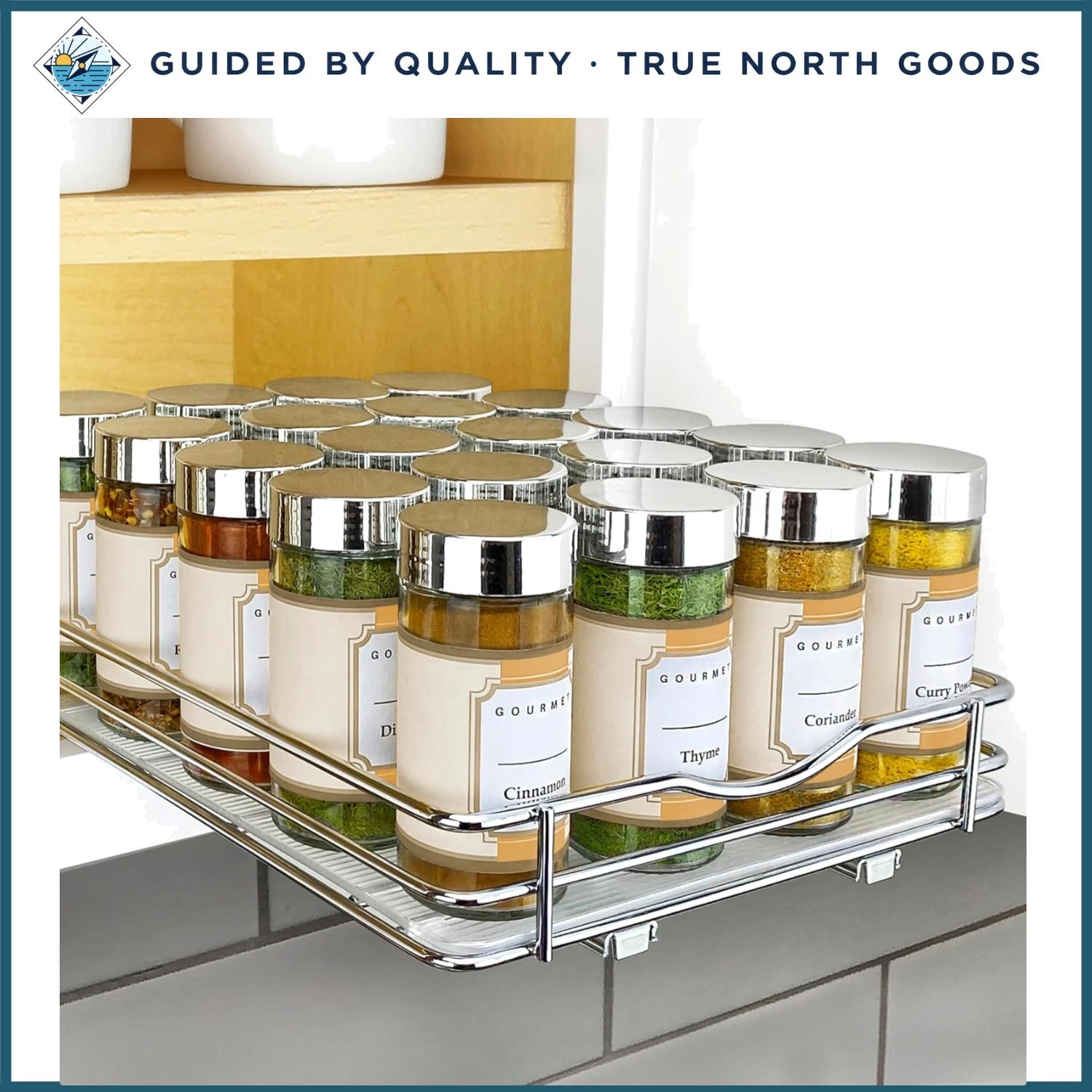 Effortless Slide-Out Spice Rack for Bottles and Jars with Assembly Hardware