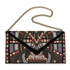 Vintage Y2K Beaded Envelope Clutch Black Gold Mirror Chain Evening Bag Party NYE