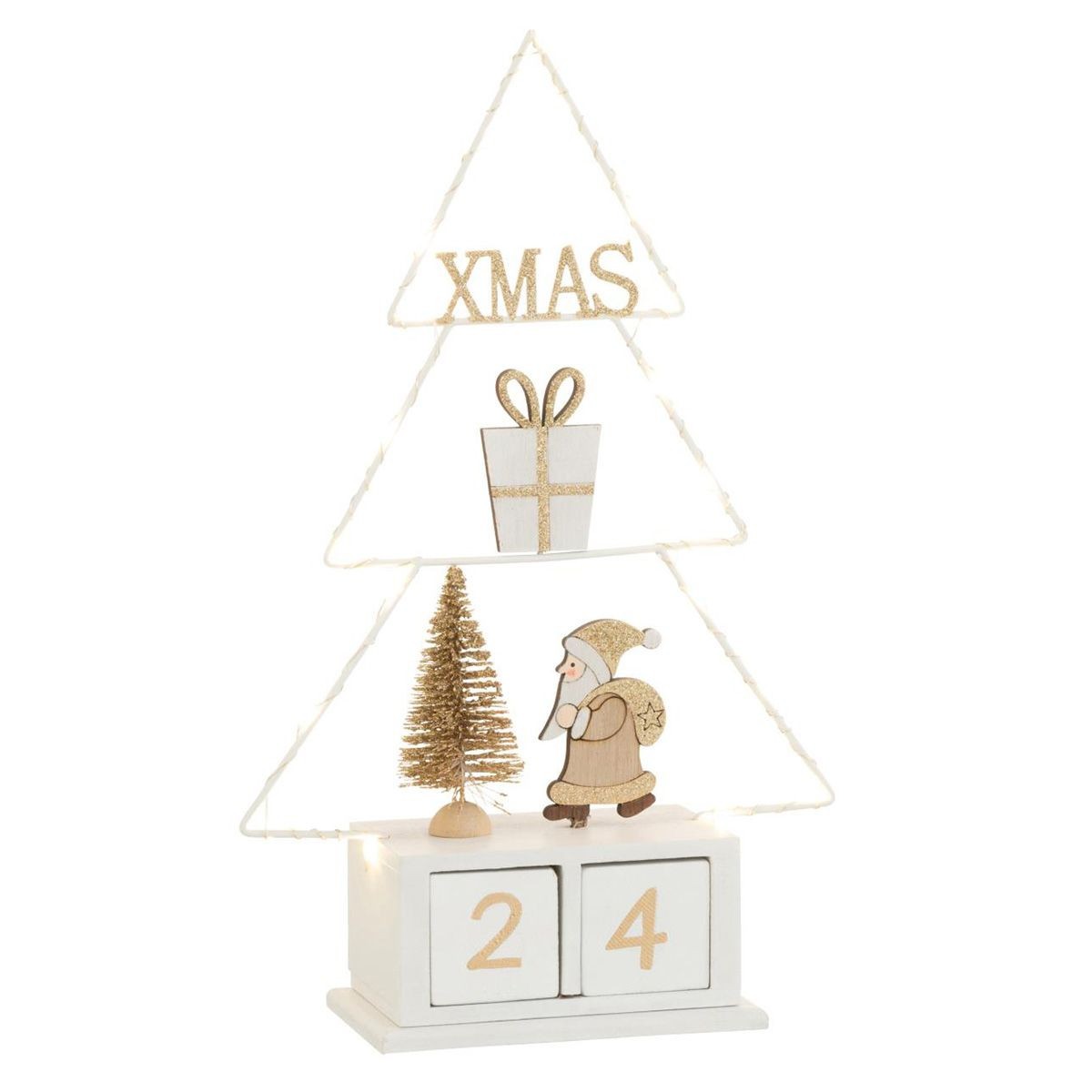 Calendrier de Noël LED Sapin bois 31cm Blanc Or de l'Avent