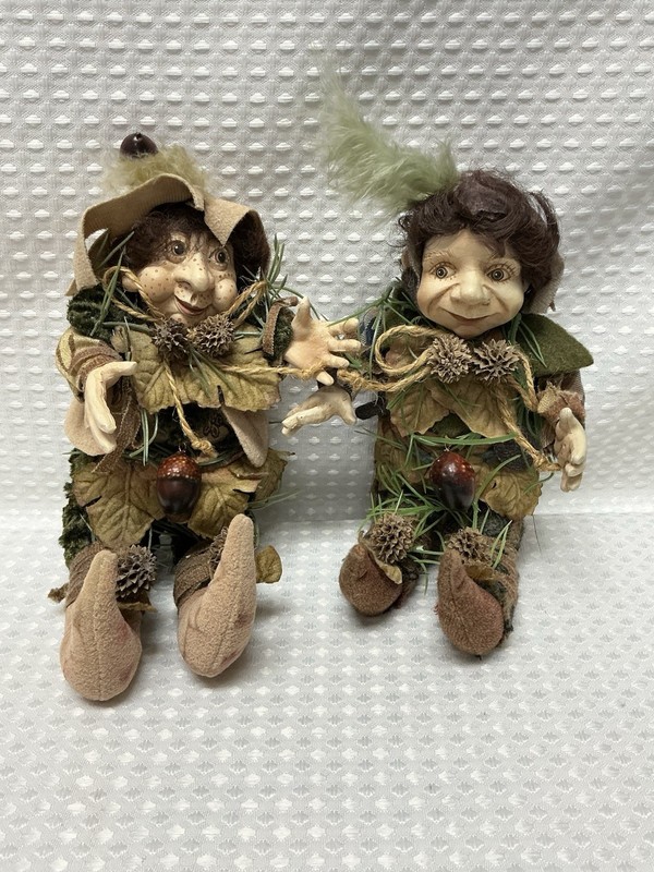 x2 Vintage Elf Fairy Acorn Fall Autumn Troll Gnome Christmas Ornament Folk Art