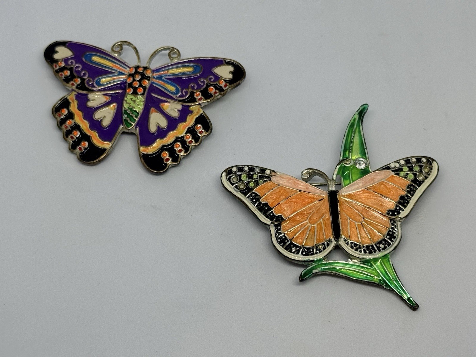 VTG Enamel Butterfly Brooch Pin Lot of 2 Purple Monarch Orange Leaf Retro