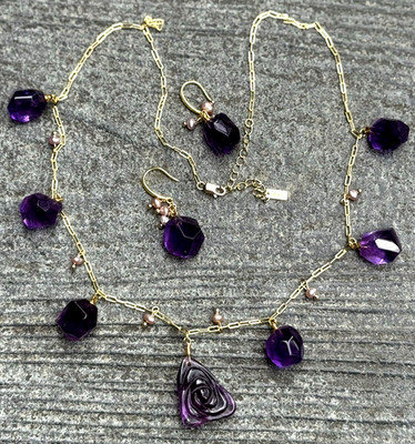 Set Kette Ohrringe Amethyst mit natürlichen Flussperlen 925 Sterlingsilber