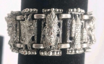 Vintage Chess Piece 3D Large Panel Bracelet Silver Tone Medieval Whimsical Heavy