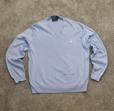 Polo Ralph Lauren Men's Light Blue Tight-Knit V-Neck Logo Pullover Sweater M