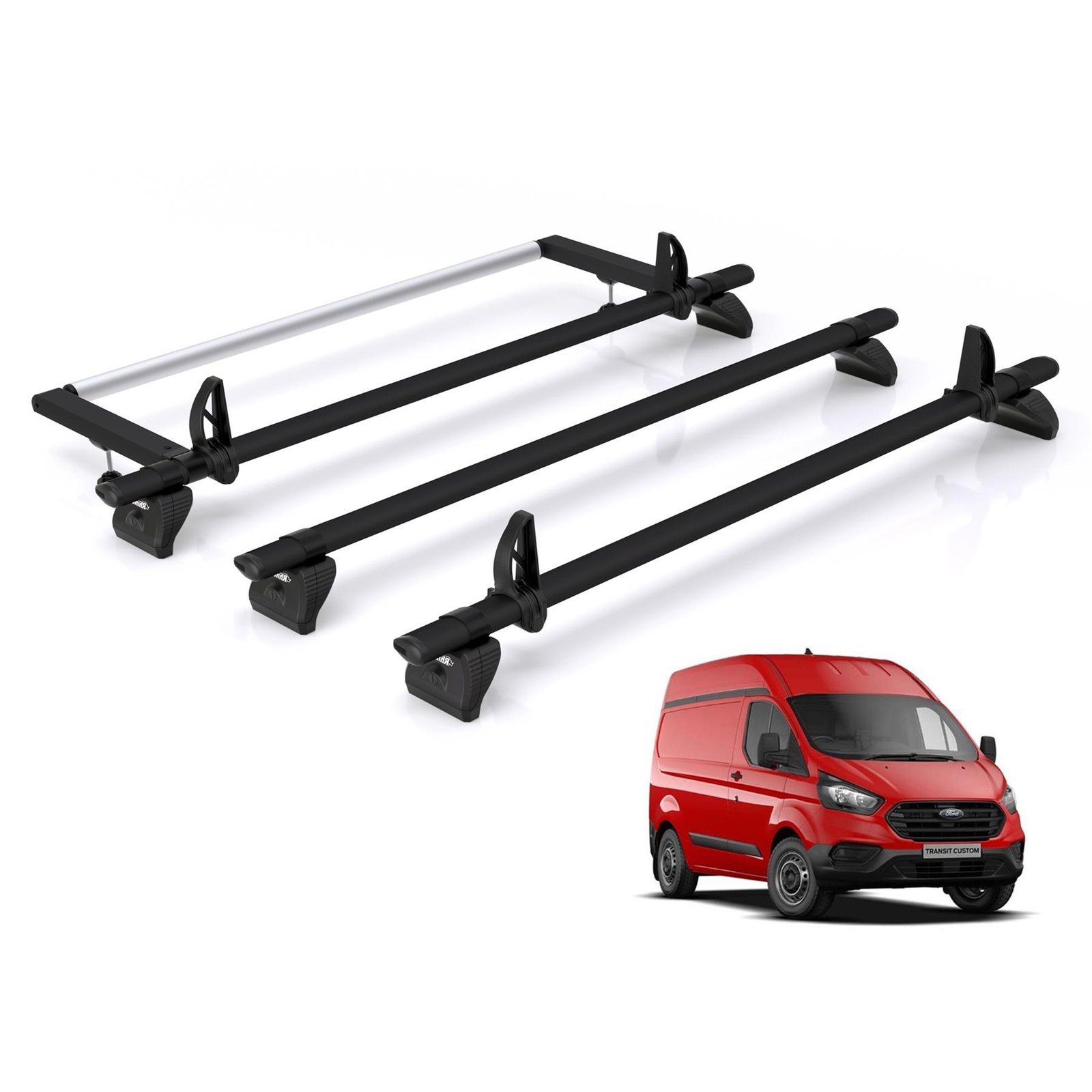 Ford Transit Custom Roof Rack for 2013-2024 [H2] 3 Roof Bars +Roller Rhino Black