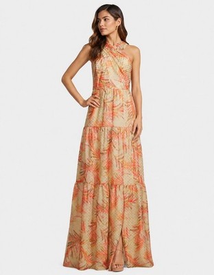 AIDAN MATTOX New Womens Maxi Dress 6 Halter Tiere Metallic Coral Floral Abstract