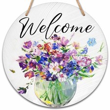 Welcome Sign for Front Door, Spring Round Hanging Sign With Rope, Floral Wall