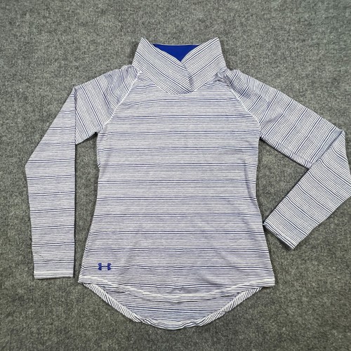Under Armour Zinger Pullover Top Women Small White Blue Stripes Loose Curved Hem - Picture 1 of 10