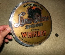 1930's LIME STONE SPRINGS WHISKEY aluminun round LEYSE sign MINNESOTA