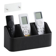No Drill PU Leather Wall Remote Holder, 3 Stylish Black Fine Ribbed