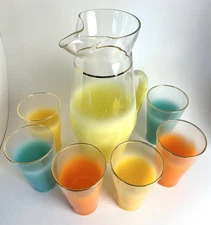 Vintage Blendo Gold Rim Glass Pitcher and 6 Highball Glasses Orange Yellow Teal