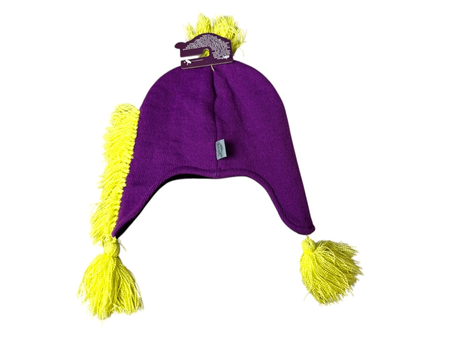 Berretto invernale bambino pelliccia tartaruga "Pony Power" viola giallo nappe e pom pom