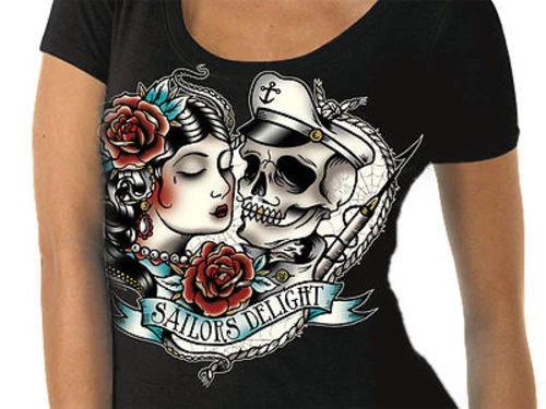 Womens Authentic Lucky 13 Sailors Delight Skeleton Tattoo Punk Goth Shirt M - Image 2 of 2