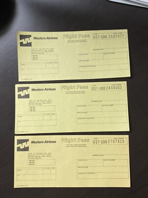 Lot of 3 Vintage 1973 Unused Western Airlines Employee Flight Passes Tickets e1