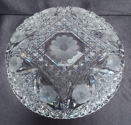 ABP American Brilliant Cut Glass Low Bowl 9 7/8" Sawtooth Floral Buttons Vintage - Picture 8 of 13