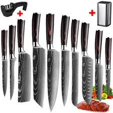 12Pcs Kitchen Knife Set Damascus Stainless Steel Chef Knives Block Sharpener New