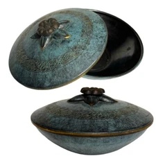 Pal-Bell Covered Decorative Bowl, Flower Blossom Handle, Israel Green Verdigris