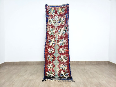 Moroccan Vintage Runner Rug 2x6 Handmade Red Blue Colorful Geometric Cotton Rug