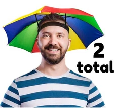 2 UMBRELLA HATS - Head Band Cap Rain Sun Shade Sports Beach  - Kids to Adults
