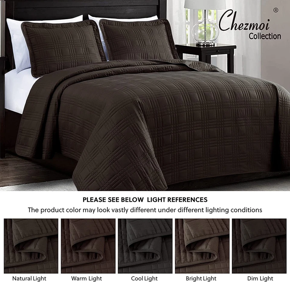Chezmoi Collection 3-Piece Brown Oversized Bedding Coverlet Bedspread Quilt Set - Image 4 of 4