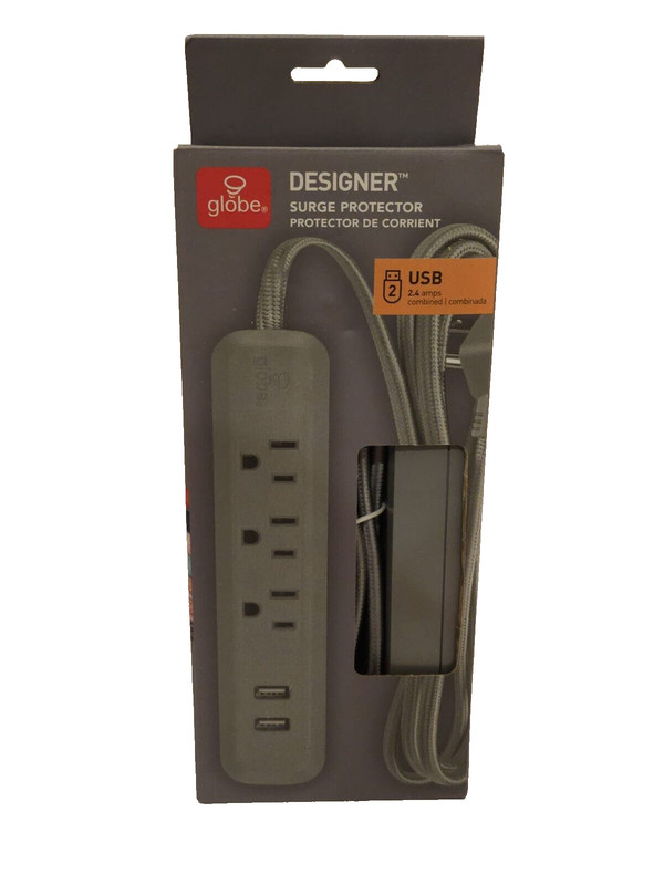 Brand New Globe Electric Designer Series 6-ft 3-Outlet 2 USB port Surge Gray