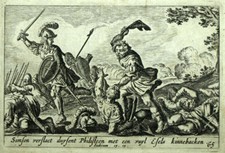 Biblia grabada 1700 Sansón mata a los filisteos con la mandíbula de un burro