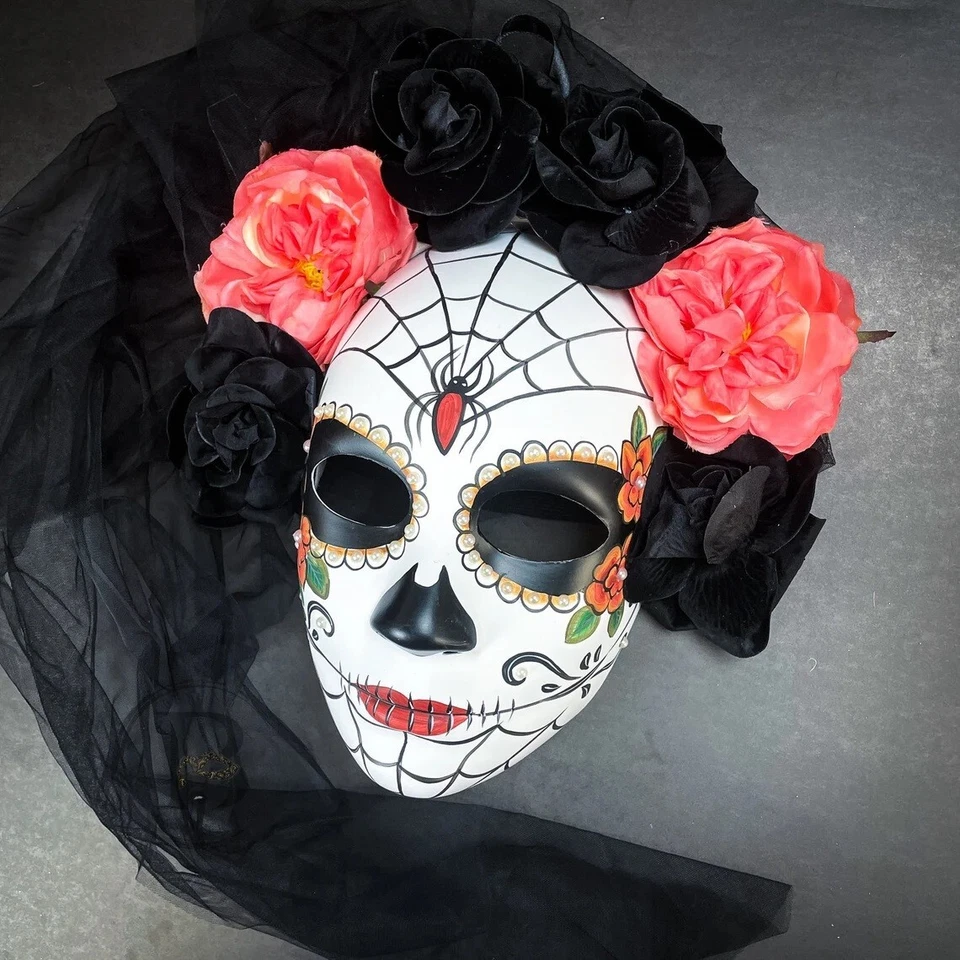 Day of the Dead Dia de los Muertos Full Face Masquerade Mask with Black Veil - Image 3 of 3