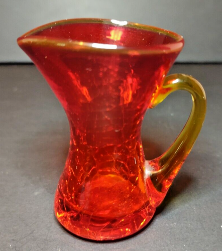 Blenko Crackle Glass Pitcher Creamer Amberina Red Gold Handles Rim Pair - Picture 3 of 8