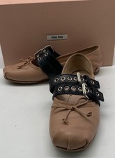 Miu Miu Pink Nude Leather Black Buckle Strap Mary-Jane Ballet Flats sz 38.5