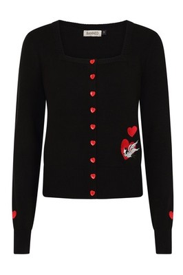 BANNED Apparel schwarze Rockabilly Herz Knopf Schwalben Pinup Annie Love Strickjacke