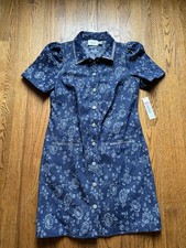 NWT Eliza J Women's Dress Sz 10 Floral Rhinestone-Trim Collared Denim MSRP $158