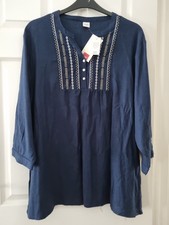 Cotton Traders Blouse Tunic Top Size 26 Navy Embroidered V Neck New BNWT 