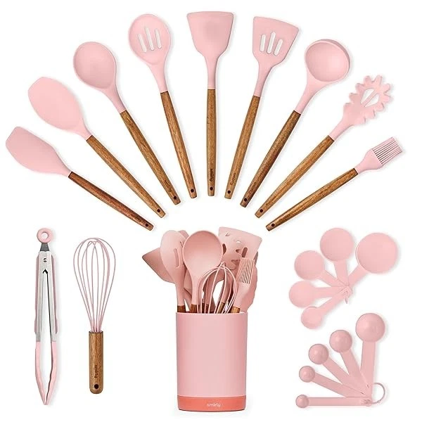 Silicone Kitchen Cooking Utensils Set, Spatula Cooking Spoons, Acacia Wood, Pink